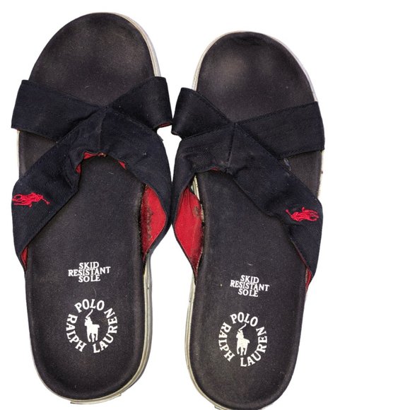 POLO Ralph Lauren blue cotton canvas flip flops sandals 9 - Picture 1 of 5